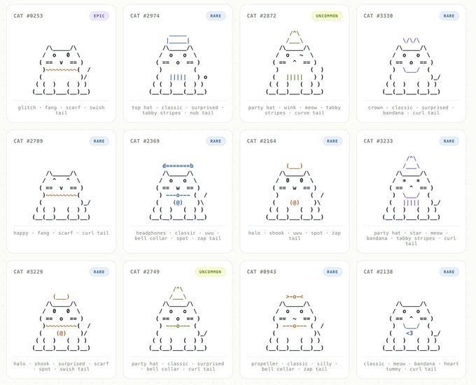 A grid of stylized cat NFT illustrations, each labeled with a CAT number, rarity tag (EPIC, RARE, UNCOMMON), and trait descriptions like 'glitch · fang · scarf · swish tail'.