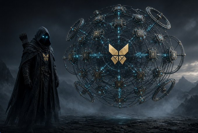 A dark fantasy digital artwork showing a hooded figure with glowing blue eyes and a quiver of arrows standing before a large, intricate circular mechanical structure with glowing blue lights and a central golden 'X' logo.
