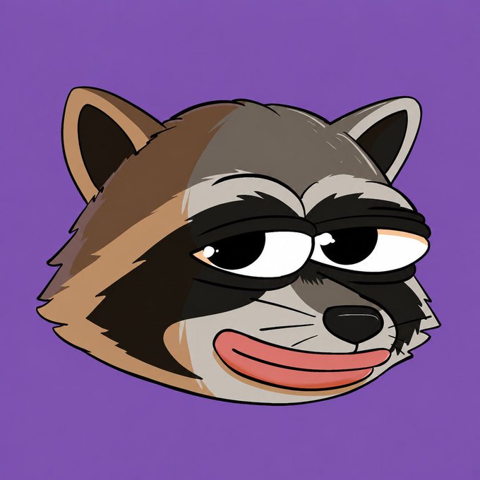 A cartoon raccoon head with droopy, unimpressed eyes and a slight smirk is displayed against a solid purple background. The exhausted, done-with-it expression conveys the "I'm too tired for this energy" vibe that fits well with the apparent giveaway spam post, which is likely targeting people seeking quick crypto gains.