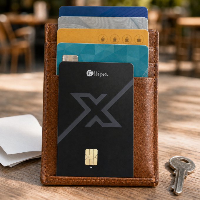 A brown leather wallet holding several cards including a blue one, a yellow one with cupcake designs, and a black 'Ellipal' hardware wallet card with an X logo, placed on a wooden table next to a key.