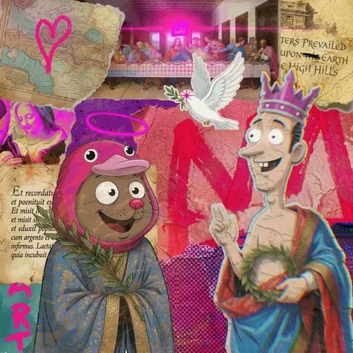 A collage-style digital artwork blends Renaissance imagery with modern crypto meme culture, featuring a Last Supper parody, cartoon characters, a pink pig-faced figure, and a crowned figure holding a wreath, alongside Latin text fragments ("et recordatus es... qua incubuit...") and "STERS PREVAILED UPON THE EARTH E HIGH HILLS." The post's thanks for an airdrop from @drylinemix likely celebrates receiving this distinctive NFT artwork as a free token drop.