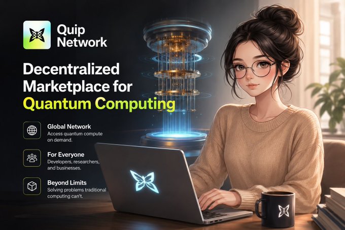 Promotional image for 'Quip Network' advertising it as a 'Decentralized Marketplace for Quantum Computing' featuring a woman working on a laptop with a glowing butterfly logo, highlighting features like Global Network, For Everyone, and Beyond Limits.