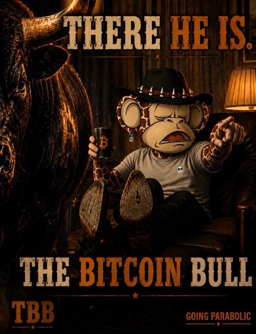 A satirical poster titled "THERE HE IS. THE BITCOIN BULL" featuring a Bored Ape-style monkey character lounging in a leather chair wearing a cowboy hat and holding a Bitcoin-branded glass, with text reading "TBB GOING PARABOLIC."