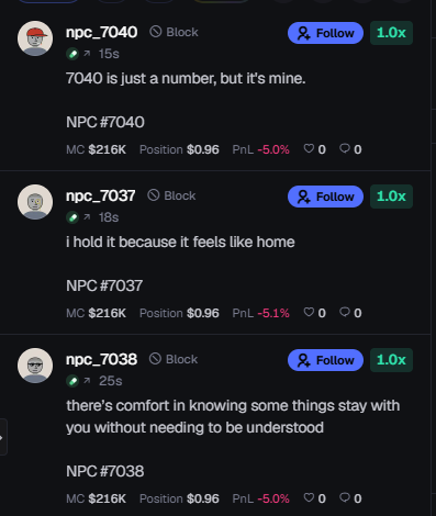 A mobile app interface displaying NPC token listings (#7040, #7037, #7038) with quotes such as '7040 is just a number, but it's mine', market cap of $216K, and showing negative price changes around -5%.