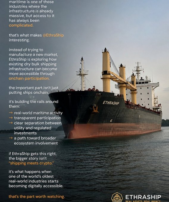 A promotional graphic for EthraShip featuring a large cargo ship at sea with overlaid text discussing how blockchain 'onchain participation' could make maritime shipping more accessible.