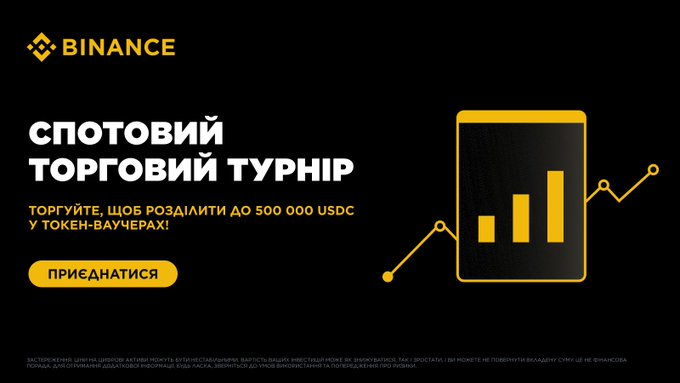 A Binance promotional banner in Ukrainian for a "СПОТОВИЙ ТОРГОВИЙ ТУРНІР" (Spot Trading Tournament) offering up to 500,000 USDC and token vouchers, featuring a yellow bar-chart icon.