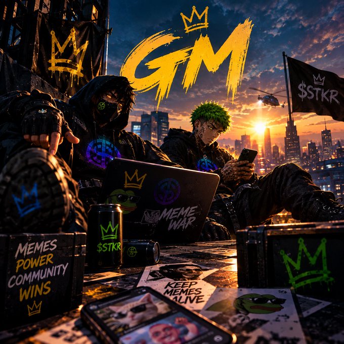 A digital artwork with 'GMM' and '$STKR' branding showing two characters on a rooftop overlooking a sunset city skyline, surrounded by stickers, a laptop, and spray-painted text including 'MEMES POWER COMMUNITY WINS' and 'KEEP MEMES ALIVE'.