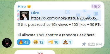 The image shows a Facebook page that has been reposted from another page with several emojis, including one for a happy face and another resembling an out-of-this-world object. The original post has been repurposed as the subject of a new meme on this new platform. The text in the image is posted by someone named Hiro who has been reposted from a different account. Additionally, there's some information about a meme titled "allocate 1 WL spot to a random geek here".