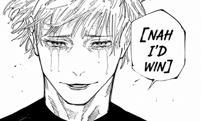 Black and white manga panel showing a crying character with a speech bubble reading "[NAH I'D WIN]".