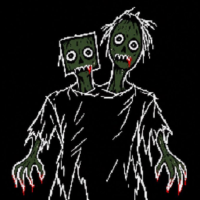 A creepy cartoon illustration of a zombie-like figure with two heads, green skin, wide staring eyes, and blood dripping from its mouth and clawed hands, set against a black background.