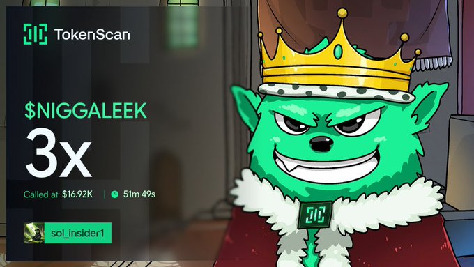 A TokenScan graphic displays '$NIGGALEEK' with a '3x' indicator, 'Called at $16.92K', and '51m 49s' countdown, alongside a cartoon green dog wearing a crown.