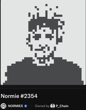 A pixelated portrait of a figure labeled 'Normie #2354' from the NORMIES NFT collection, owned by P_Chain.