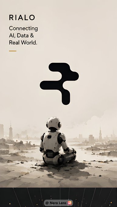 A minimalist promotional image for 'RIALO' with the tagline 'Connecting AI, Data & Real World,' depicting a robot meditating before a distant cityscape.