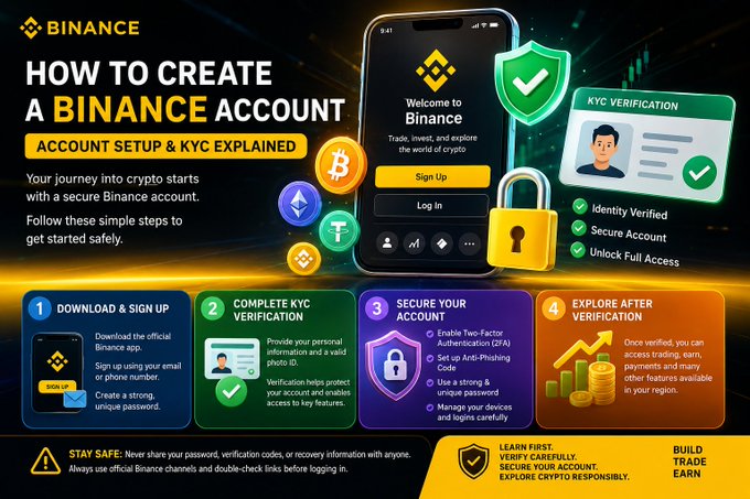 A Binance infographic titled 'HOW TO CREATE A BINANCE ACCOUNT' detailing four steps: Download & Sign Up, Complete KYC Verification, Secure Your Account, and Explore After Verification, with warnings about safe practices.