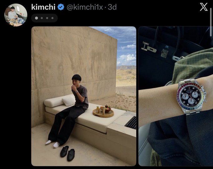 A Twitter/X post by verified user "kimchi" (@kimchi1x) shows two photos: a young man sitting on a stone bench in a desert setting, and a close-up of a luxury watch with a bezel and chronograph dials on someone's wrist.