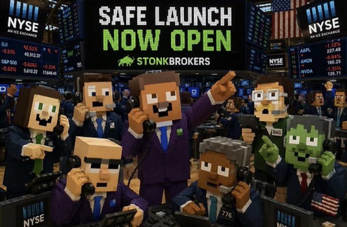 A Minecraft-themed image showing blocky character versions of stockbrokers on the NYSE trading floor with a large screen reading 'SAFE LAUNCH NOW OPEN' and the 'STONKBROKERS' logo, with visible tickers including DJI, S&P 500, AAPL, AMZN, and NVDA.