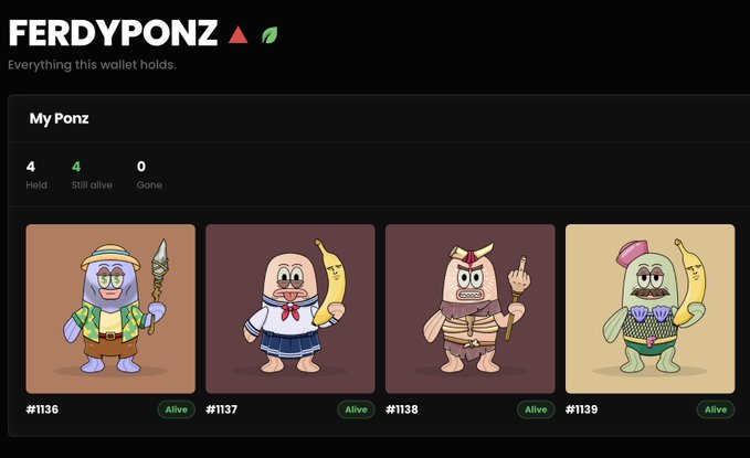 A screenshot of a digital wallet interface named 'FERDYPONZ' displaying a collection of four cartoon 'Ponz' characters labeled #1136 through #1139, with stats showing 4 'Held' and 4 'Still alive.'