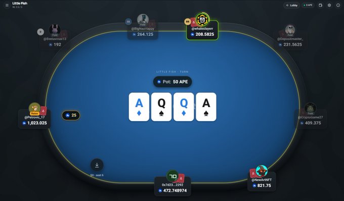 A screenshot of an online poker game showing community cards Ace, Queen, Queen, Ace, with a pot of 50 APE and various player stacks displayed around the table.