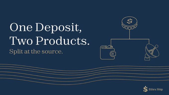 A navy blue promotional banner reads 'One Deposit, Two Products. Split at the source.' featuring icons of a wallet and a satellite dish connected to a coin, branded 'Edra Ship'.