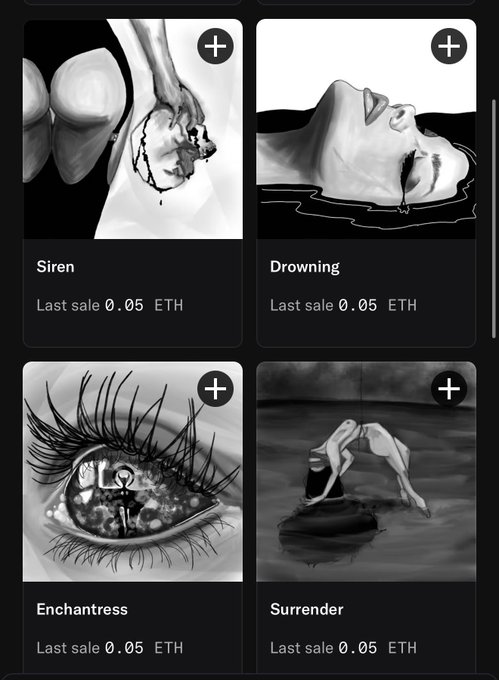 Four black-and-white hand-drawn digital art pieces titled "Siren," "Drowning," "Enchantress," and "Surrender" from artist @jessthemessx4's collection on OpenSea, each with a last sale of 0.05 ETH.