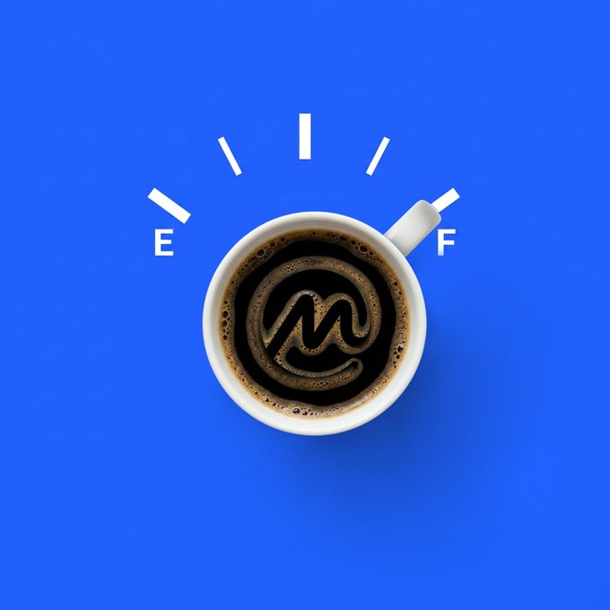 A top-down view of a steaming cup of black coffee on a vibrant blue background, with the steam stylized to spell out the word "RECHARGE" above the cup. The minimalist design reinforces the "recharge!" message, suggesting that coffee provides a revitalizing boost.