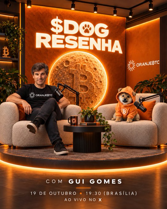 Promotional image for "$DOG RESENHA" podcast with host Gui Gomes of OranjeBTC and a Shiba Inu dog wearing an orange Bitcoin hoodie, featuring a glowing Bitcoin coin backdrop, with text reading "COM GUI GOMES • 19 DE OUTUBRO • 19:30 (BRASÍLIA) • AO VIVO NO X," corresponding to the October 19th live X-space announcement covering Bitcoin, L2s, Ordinals, Runes, and OranjeBTC.