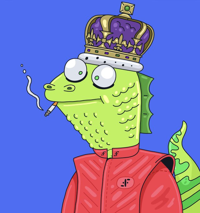 A digital illustration features a green fish-like creature wearing a royal crown and a red jacket, smoking a cigarette against a blue background.