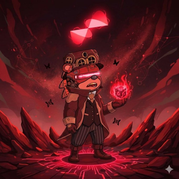 The image features a cartoon bear dressed in a suit, holding a red cube with flames coming from it. The bear appears to be wearing a top hat and has a cape, giving him an air of sophistication. The background consists of a dark red color that contrasts with the lighter elements in the scene. There are also stars scattered throughout the image, adding depth and dimension to the overall composition.