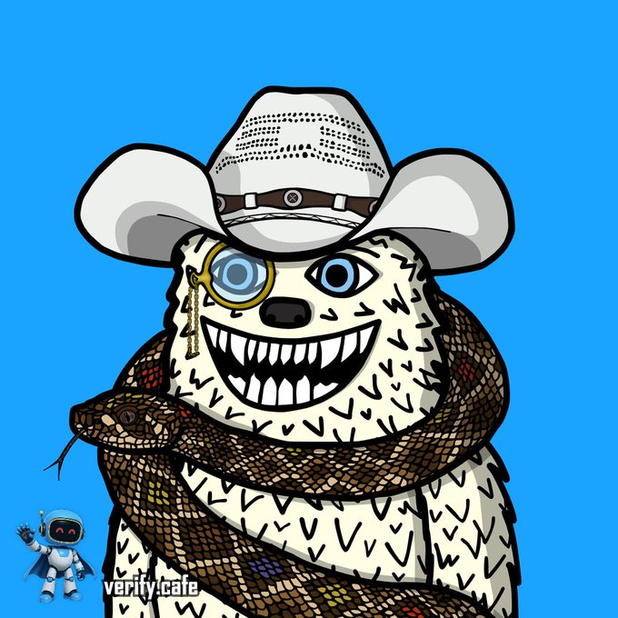 A digital illustration of a grinning creature wearing a cowboy hat and monocle, wrapped in a snake, against a bright blue background with a 'verity|cafe' watermark.