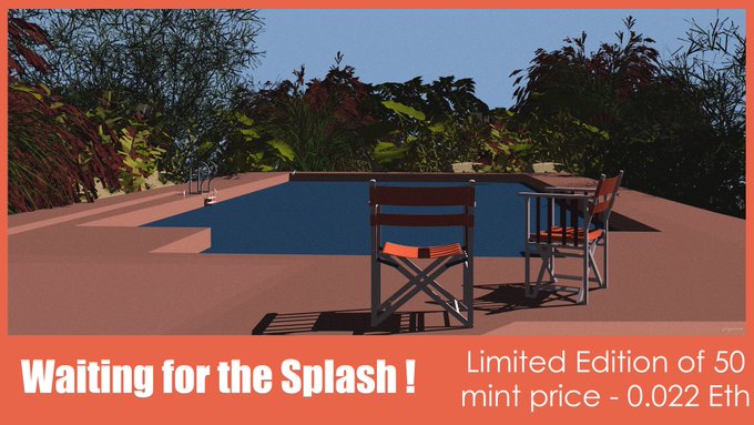 The image depicts a serene poolside scene at dusk, with two empty lounge chairs facing a still pool surrounded by lush, dark foliage, titled "Waiting for the Splash!"—a Limited Edition of 50, mint price 0.022 Eth. The artwork's quiet anticipation and moody beauty echo the sentiment of admiration in "Sigma's work is so beautiful," capturing a tranquil yet evocative moment of stillness.