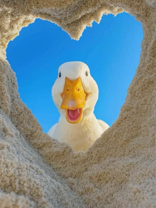 A close-up photo of a white duck with an orange beak, peering through a heart-shaped hole carved into sand with a clear blue sky in the background.