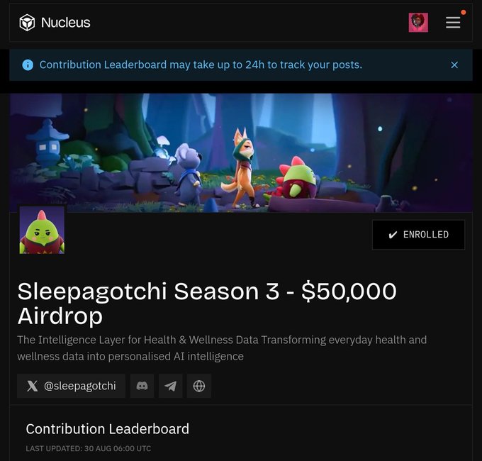 A webpage from Nucleus displays "Sleepagotchi Season 3 - $50,000 Airdrop" with a Twitter handle @sleepagotchi, describing it as "The Intelligence Layer for Health & Wellness Data."