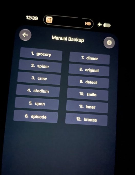 The image shows a smartphone screen displaying a "Manual Backup" page with a numbered list of 12 seed phrase words (grocery, spider, crew, stadium, upon, episode, dinner, original, detect, smile, inner, bronze), which appears to be the recovery phrase being saved to protect a new cryptocurrency wallet from being compromised like the user's previous one.