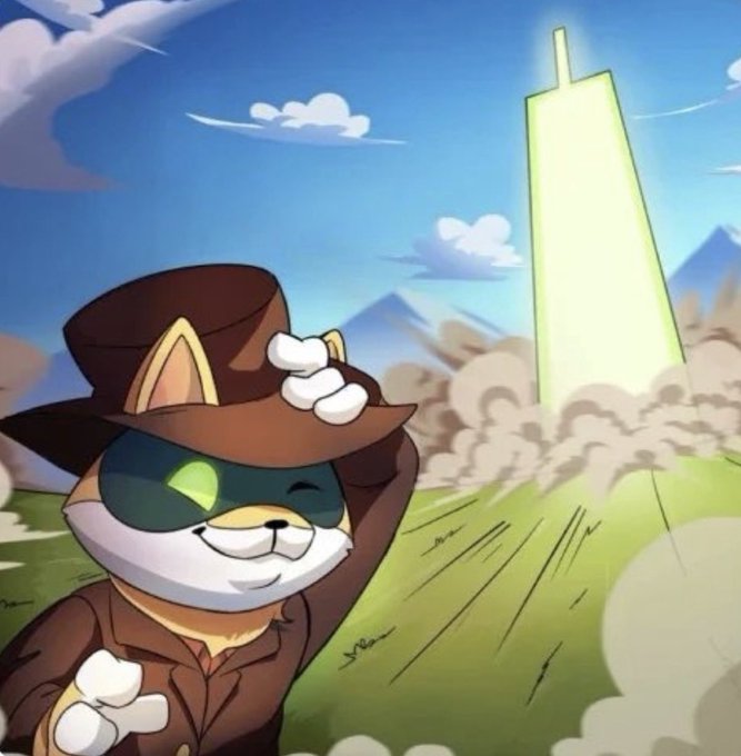 A cartoon illustration of a cat-like character wearing a brown cowboy hat and green visor, tipping its hat while smiling, with a large glowing monolith in the background amidst clouds of dust.