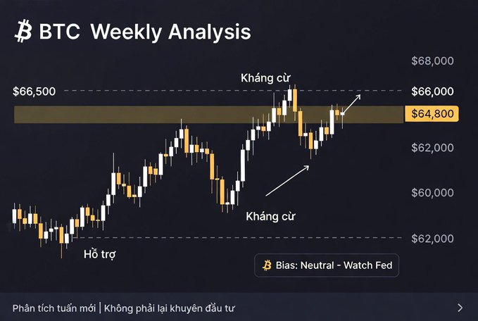 A BTC weekly candlestick chart titled "BTC Weekly Analysis" shows Bitcoin trading sideways around $64,800 after testing resistance at $66,500, with key support levels marked at $62,000 and a "Hỗ trợ" (support) zone at the bottom, and a note indicating "Bias: Neutral - Watch Fed." The chart visually reinforces the post's analysis of Bitcoin ranging between $64,700–$64,800 following a failed breakout attempt at the $66.5k–$67k resistance zone.