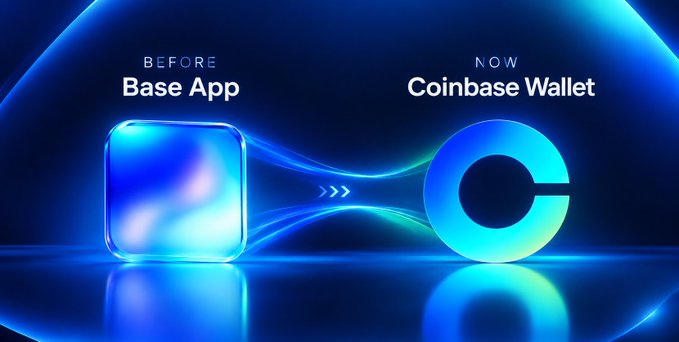 A digital promotional graphic showing a rebrand from 'Base App' to 'Coinbase Wallet' with glowing blue futuristic elements and the Coinbase 'C' logo.