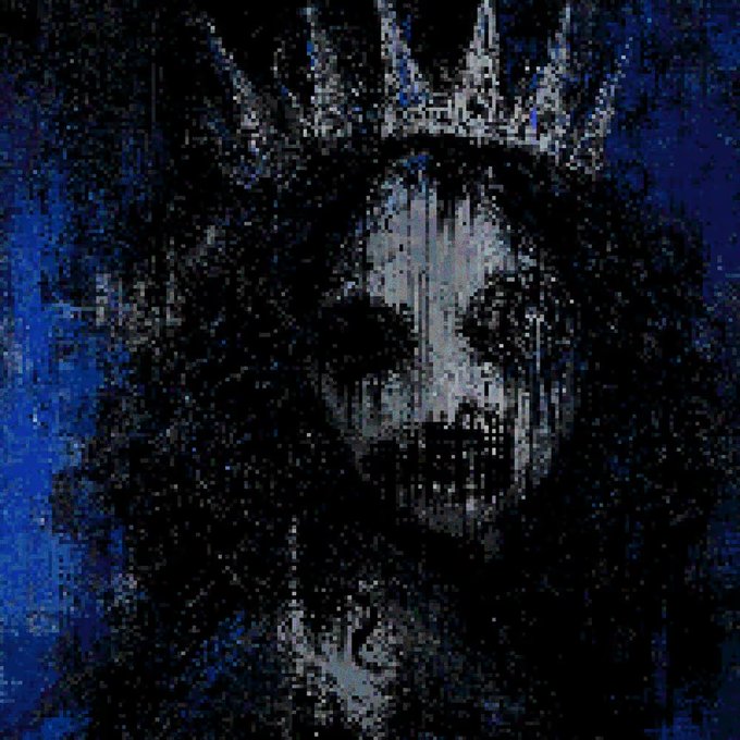 A dark, pixelated, glitch-art style portrait of a crowned skull-like face in blue and black tones.