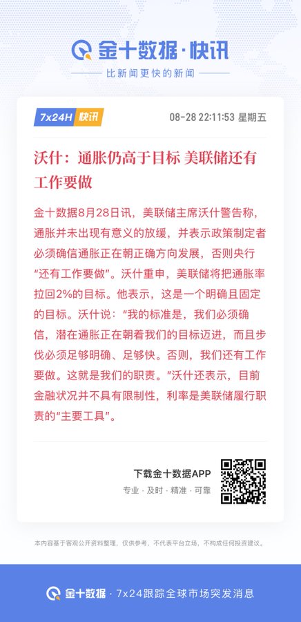 A Chinese financial news screenshot from 金十数据 (Jin Shi Data) dated 08-28 22:11:53, reporting Fed Chair Powell's statement that inflation remains above target and the Fed still has work to do.