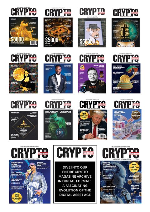 The image displays numerous covers of "CRYPTO Magazine," featuring topics such as Bitcoin, NFTs, and prominent figures like Snoop Dogg, Kevin Hart, and Donald Trump. The collage visually represents the extensive content available within the magazine's digital archive, directly aligning with the post's invitation to "Get us involved in that!"