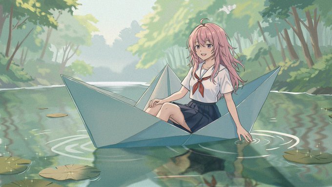 An anime-style illustration shows a girl with pink hair sitting in a paper boat floating on a calm pond surrounded by trees.