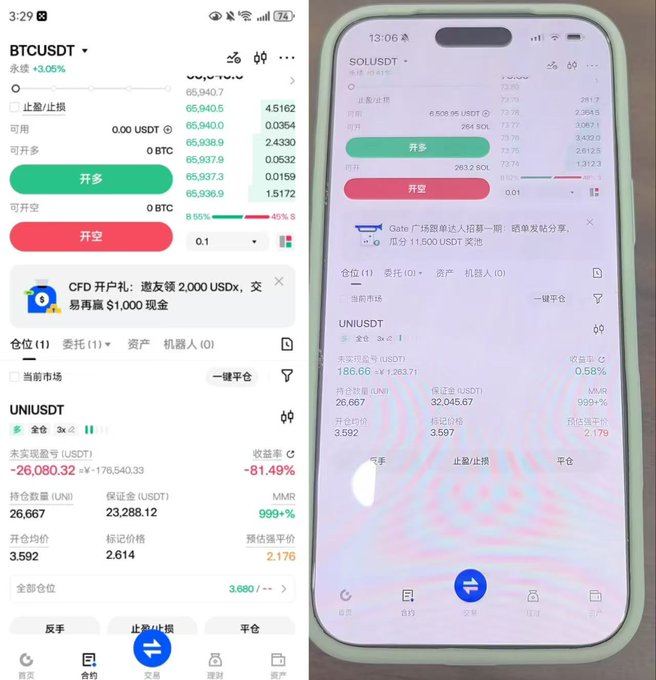 Two cryptocurrency trading app screenshots side-by-side: the left shows BTCUSDT and UNIUSDT perpetual contracts, and the right shows SOLUSDT positions, with visible losses including -81.49% on UNI.