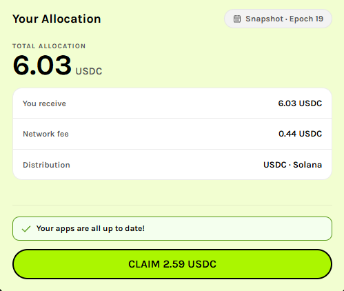 A snapshot of a $GRASS epoch 19 allocation claim page showing a total of 6.03 USDC, with a network fee of 0.44 USDC reducing the actual claim to 2.59 USDC distributed on the Solana network. The image highlights the frustration expressed in the caption about the unexpectedly high Solana network fees cutting into the payout.