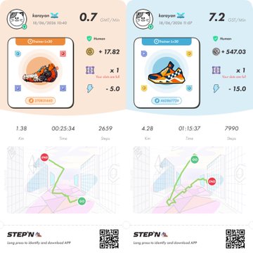 The image shows two different screens displaying information about a fitness tracking app, likely used for running or exercise purposes. The first screen displays a map of a city with various landmarks such as buildings and roads, while the second screen features a pair of shoes on a white background along with other details like their color and size. Both screens show the same pair of shoes in different colors - orange and blue. The text "StepN" is also visible in both screens.