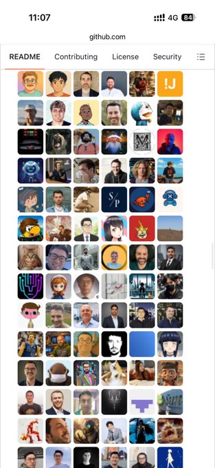 A screenshot of github.com displaying a grid of user profile pictures across the top tabs (README, Contributing, License, Security).