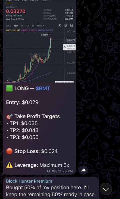 A cryptocurrency trading screenshot for a long position on $BMT with an entry of $0.029, take profit targets at $0.035, $0.043, and $0.055, and a stop loss of $0.024.