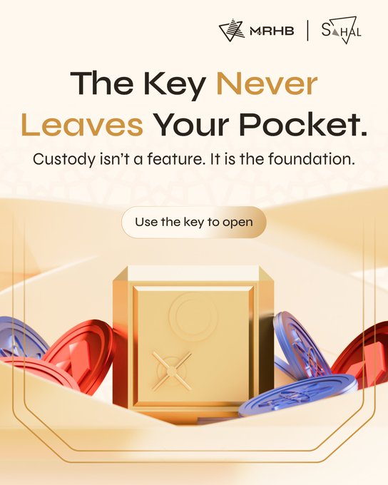 The image is a promotional graphic featuring the MRHB and Sahal logos at the top, with the headline "The Key Never Leaves Your Pocket" and tagline "Custody isn't a feature. It is the foundation." Below a "Use the key to open" button, a 3D-rendered golden key is displayed surrounded by colorful coin-like tokens, visually reinforcing the post's message about user-controlled self-custody in staking.