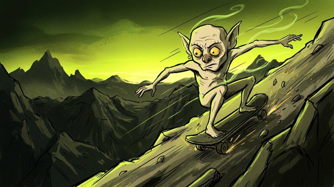 A digital drawing shows a pale, goblin-like creature with large yellow eyes skateboarding down a steep, rocky mountain slope against a bright green sky, with green smoke trailing behind it.