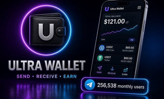 The image promotes Ultra Wallet, a Telegram-based crypto app displaying a phone interface with a $121.00 total balance split between $60.50 USDC and $60.50 USDT, alongside a "256,538 monthly users" Telegram badge—visually reinforcing the post's claim that the app consolidates wallet, earning, and trading features in one place.