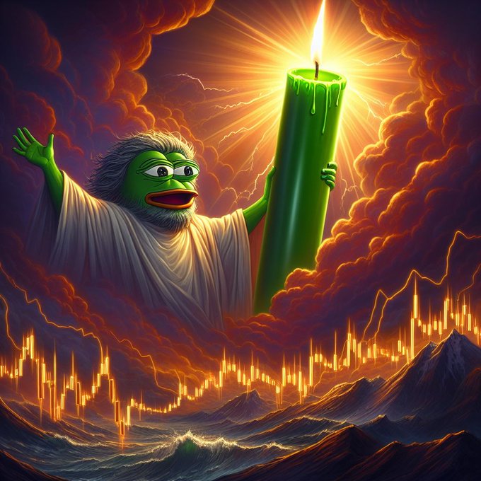 A digital illustration depicting a green Pepe-like character dressed in white robes, holding up a giant lit green candle surrounded by dramatic clouds and mountains.