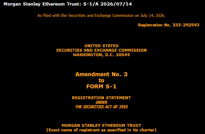 The image shows the cover page of Morgan Stanley Ethereum Trust's Form S-1/A Amendment No. 3 filing with the SEC (Registration No. 333-292593), filed on July 14, 2026. This document relates to the accompanying post about Morgan Stanley advancing its Ethereum ETF (ticker MSSE) and Solana ETF ($MSOL) toward launch, with a 0.14% management fee.